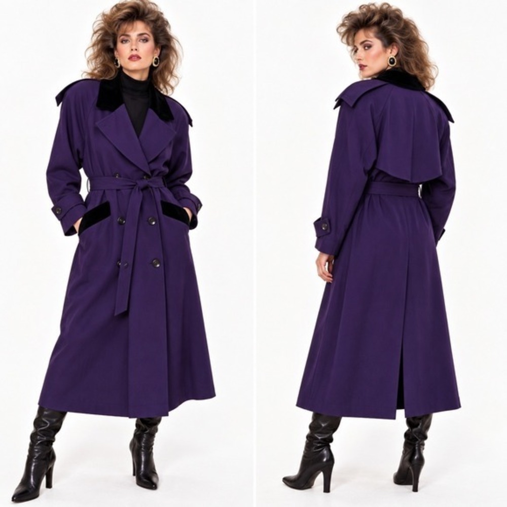Bill Blass Vintage Purple Trench Coat Velvet Collar Houndstooth Liner Japan 8